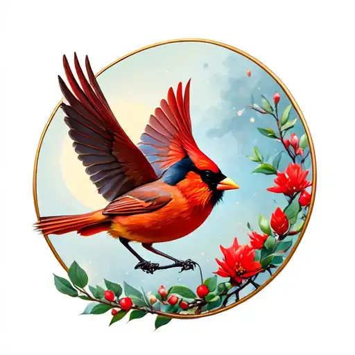 Cardinal Flying In Round Frame