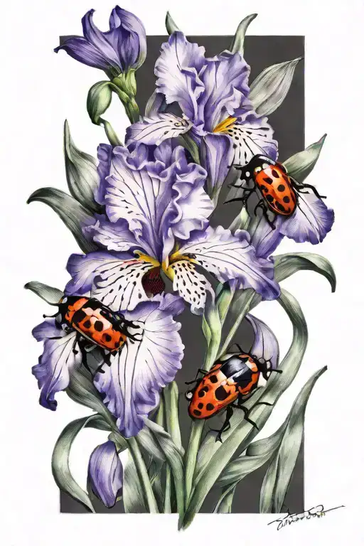 Purple Irises With Ladybugs Crawling