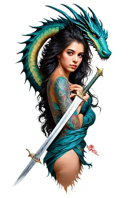 Woman With Dragon Wrapped And Swords