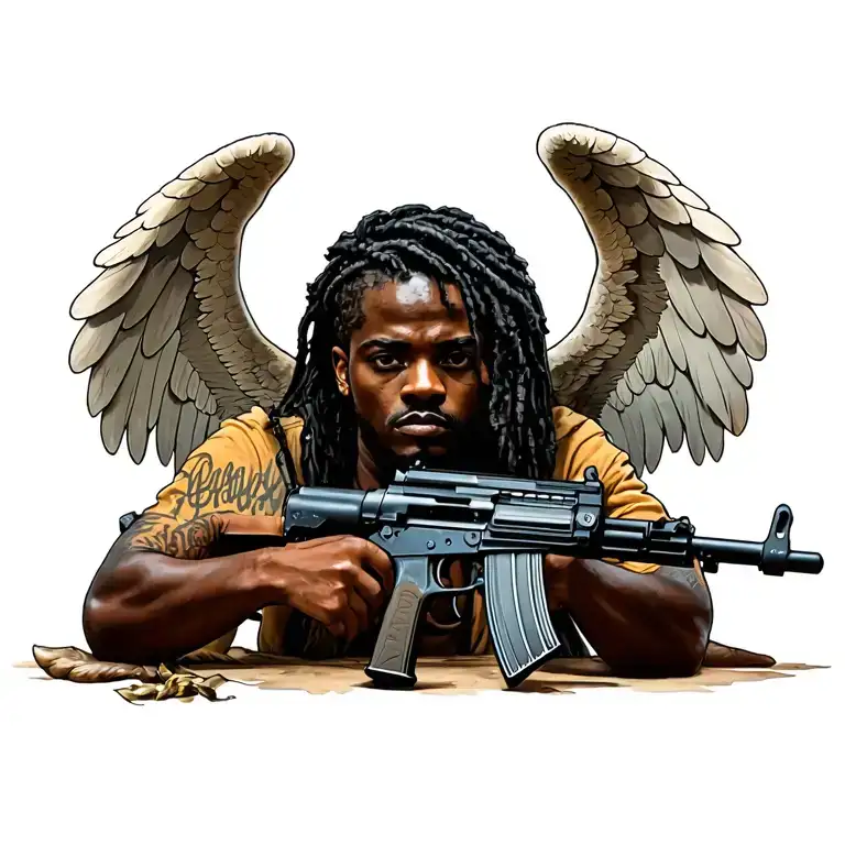 Black African Angel Holding A Ak 47 Assault Rifle Leaning