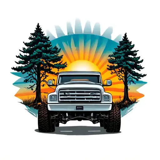 Truck With Trees And Sun Rays