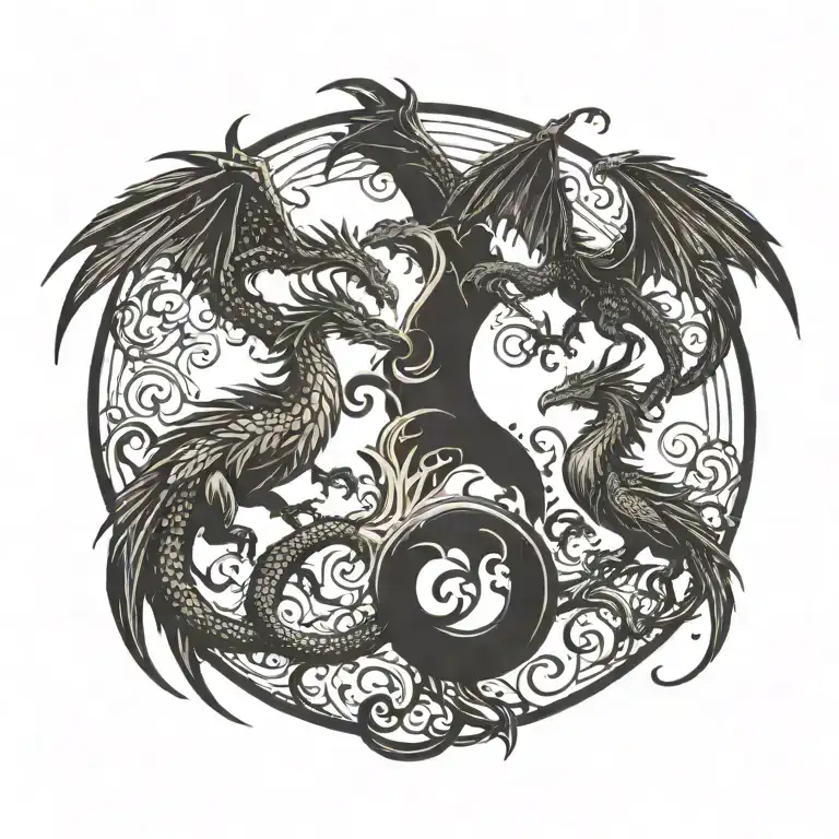 A Dragon And Phoenix Facing Each Other With The Silhouette Of A Family In The Background