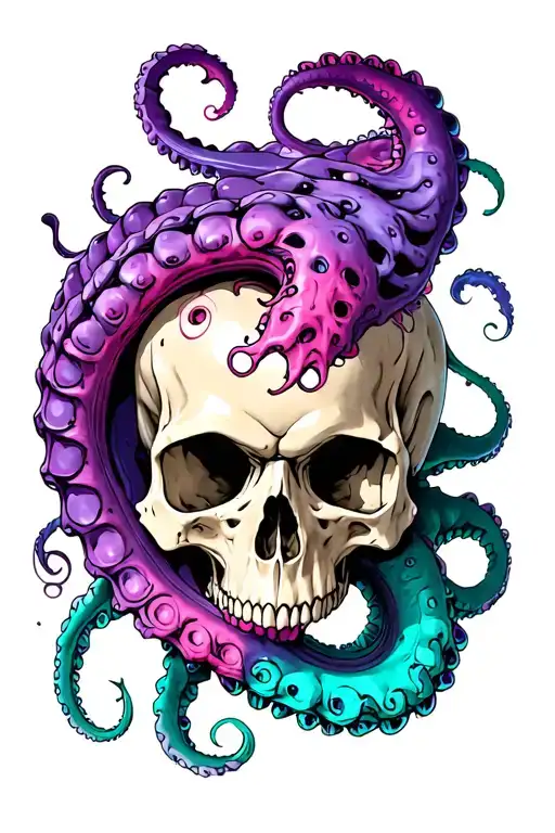 Skull With Purple Pink And Teal Kraken Through Hooes