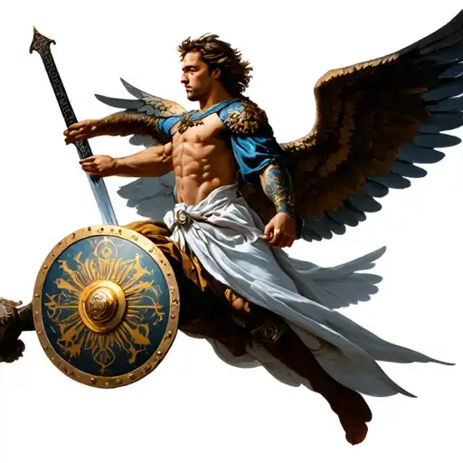 Archangel Michael Flying With Sword And Shield