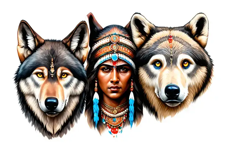 Indian With Hazel Eyes With A Wolf With Blue Eyes And A Bear With Yellow Eyes