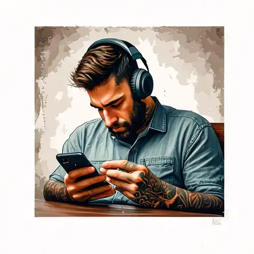 A Man With Headphones Staring Into His Phone