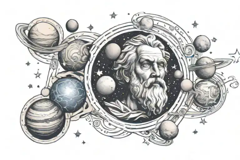 Plato With Planets Revolving Around Him In Tilted Depth Perspective With Stars And Quote Half Sleeve