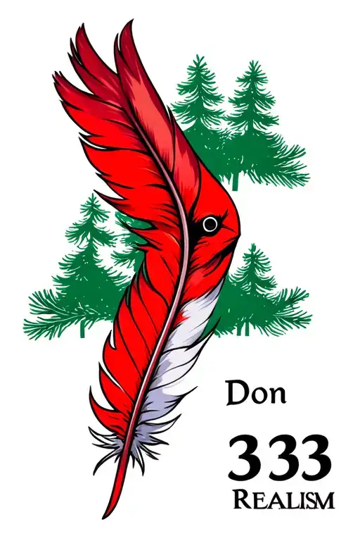 A Cardinal Feather In Color With Pine Trees In The Background And The Number 33 And The Name Don