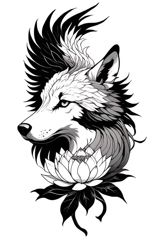 Fine Line Phoenix Rising From Lotus Flower Above A Feminine Wolf Head