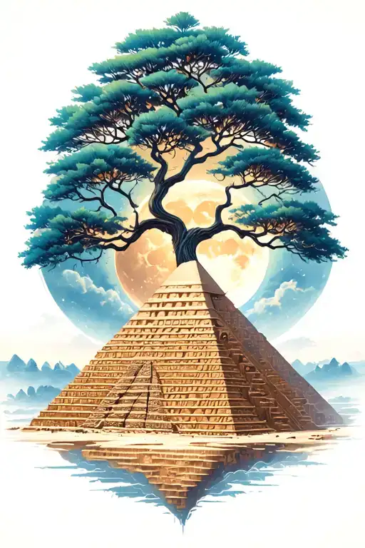 Divine Tree Of Life With Acient Egypt Pyramid Moon