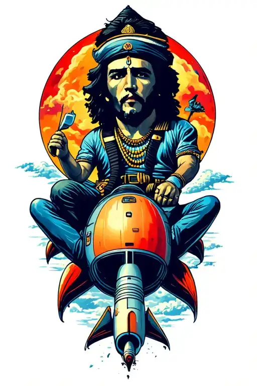 Shiva Sits Next To Che Guevara Riding On A Rocket Ship Sailing