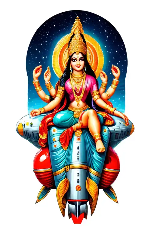 Hindu Deity Sits Next To Sofia Loren And They Ride On A Rocket Ship