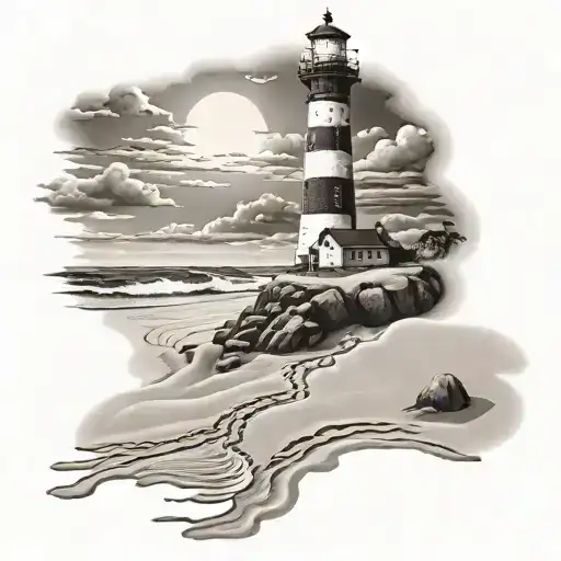 Lighthouse Overlooking Sandy Beach With Footprints In The Sand