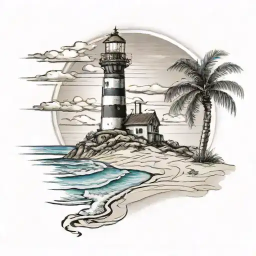 Lighthouse Overlooking Sandy Beach With Footprints In The Sand And Palm Tree