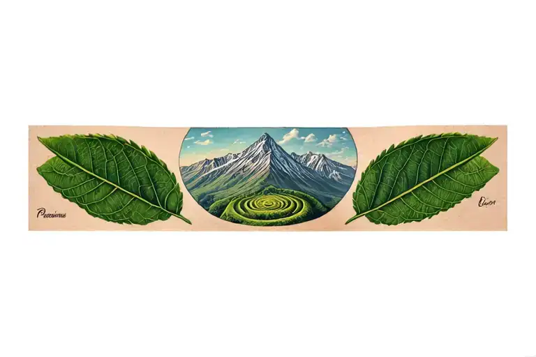 Peruvian Mountain Range With 3 Coca Leaves And Pachamama Spiral