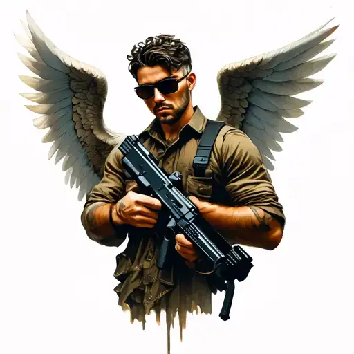 Male Angel With Sunglasses Holding A Machine Gun