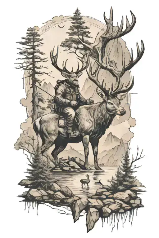A Deer And A Fisherman In Mountains