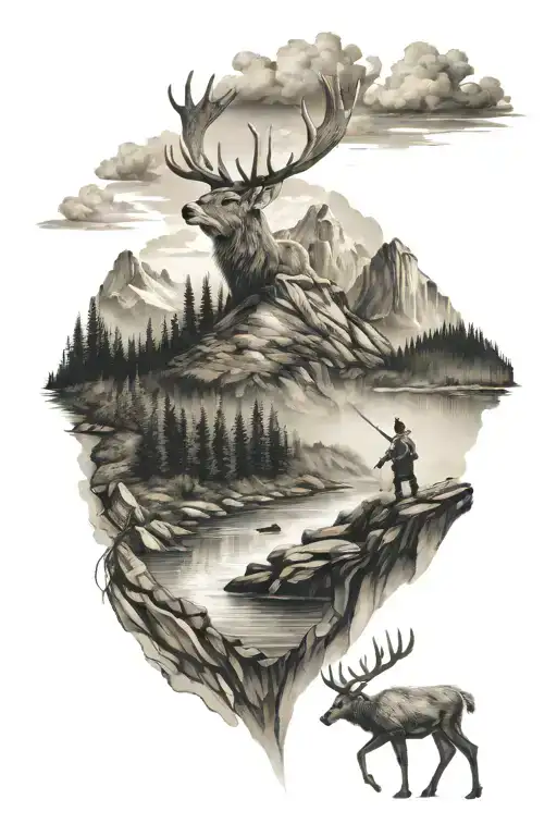 A Deer And A Fisherman In Mountains Panorama