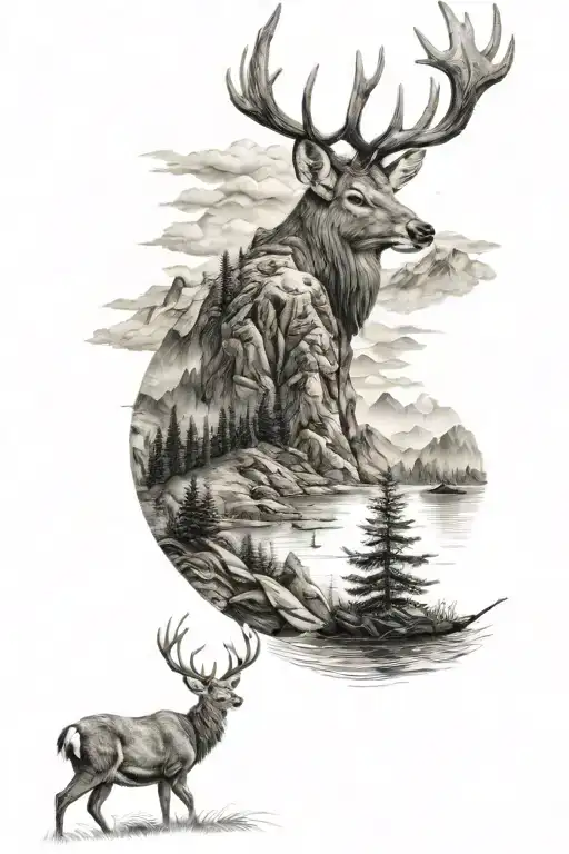 A Deer And A Fisherman In Mountains Panorama Capturing