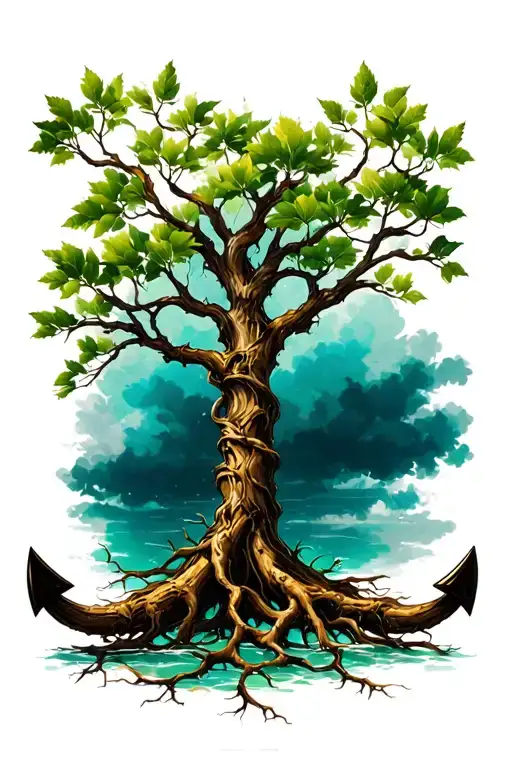 Strong Tree With Leaves Where Roots Intertwined Around Anchor