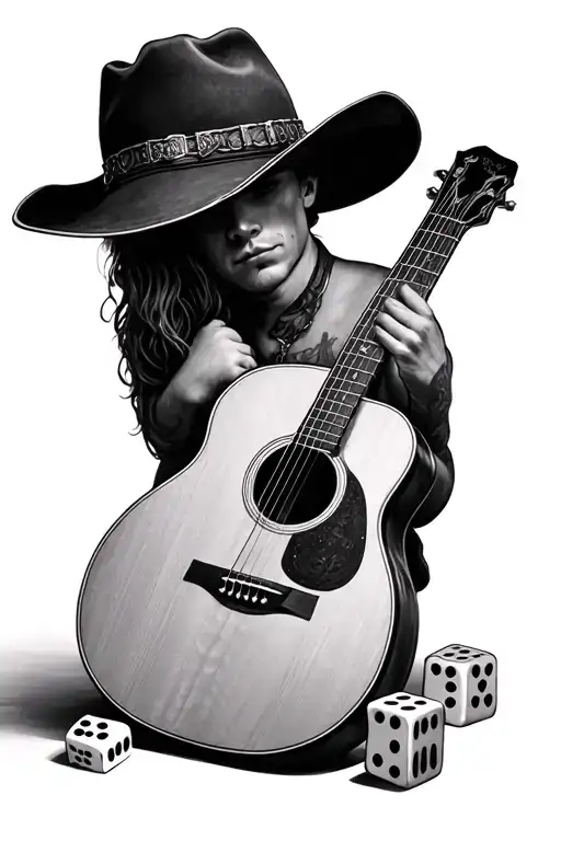 Acoustic Guitar Leaning With A Cowboy Hat And A Pair Of Dice