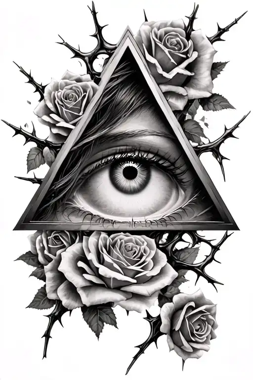 Triangle With A Woman's Eye Inside Surrounded By Thorns And Roses