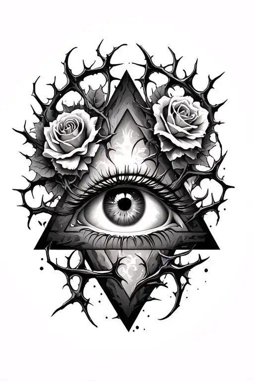 Triangle With Eye Inside Surrounded By Thorns And Roses And Chaotic Curved Lines