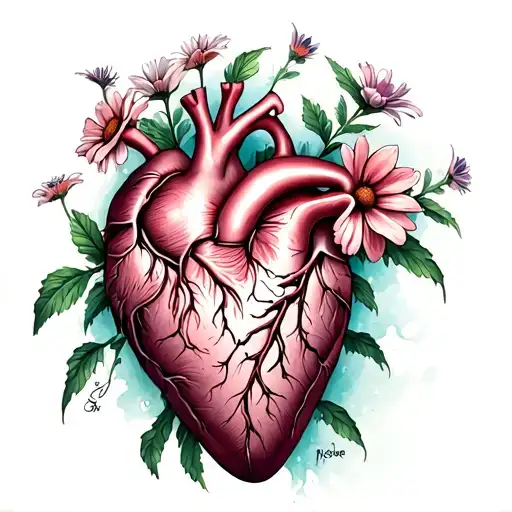 Anitomical Heart Tattoo With Flowers Growing Out Of It