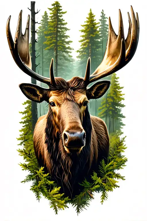 Moose Face In The Woods Surrounded