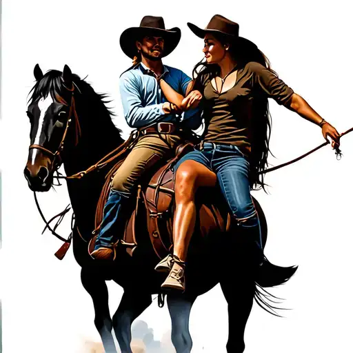 Cowboy On A Horse Lassoing A Girl Sitting