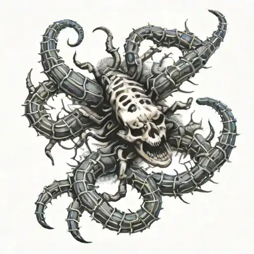 Horror Scolopendra With Spiders And Skulls Around It