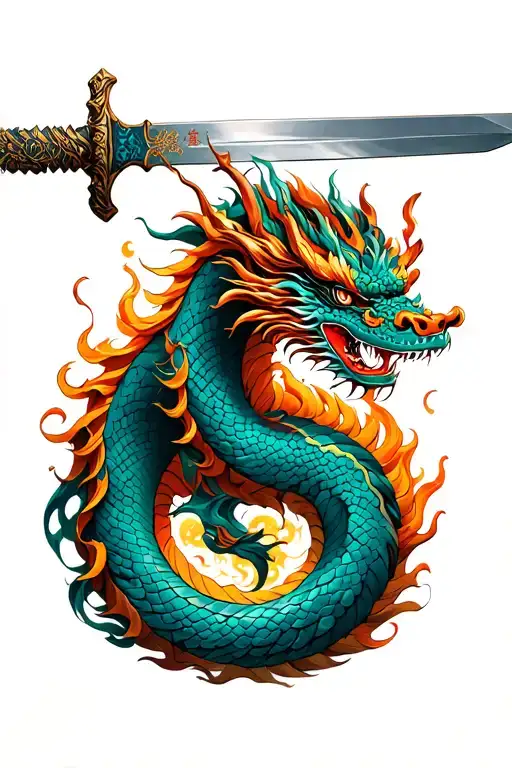 Chinese Dragon Coiled Around A Sword Intertwined