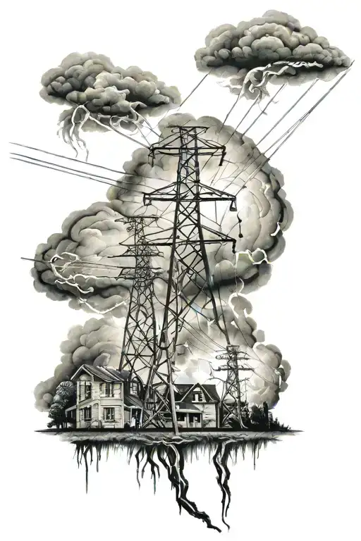 Power Lines With Lightening Storm