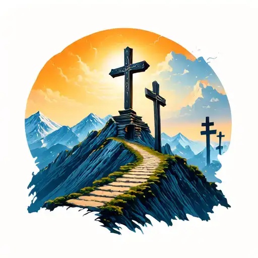 3 Crosses On Mountain With A Path Leading Towards