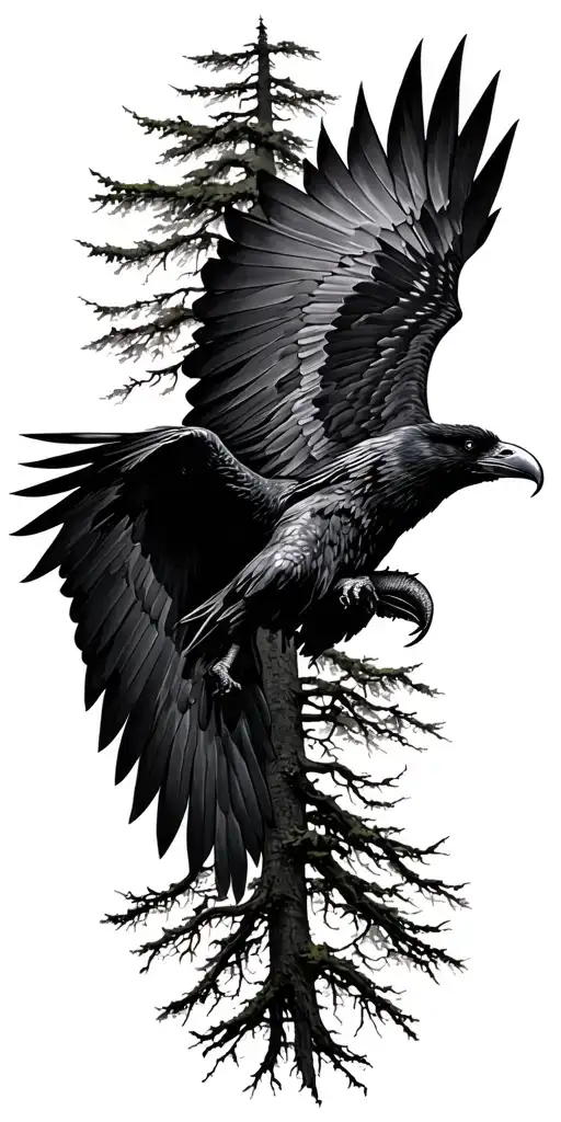 Dense Forrest With Giant Raven Flying