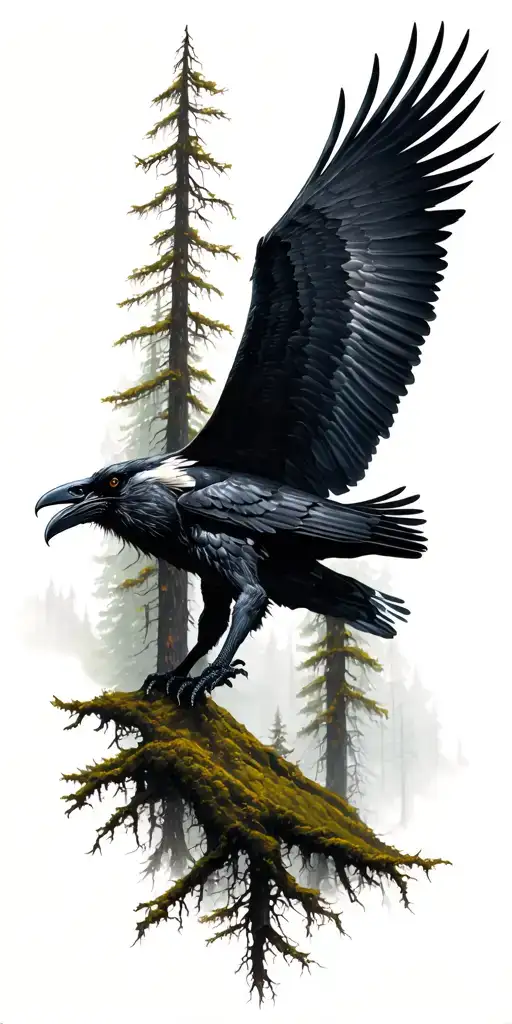 Dense Forrest With Giant Raven Flying