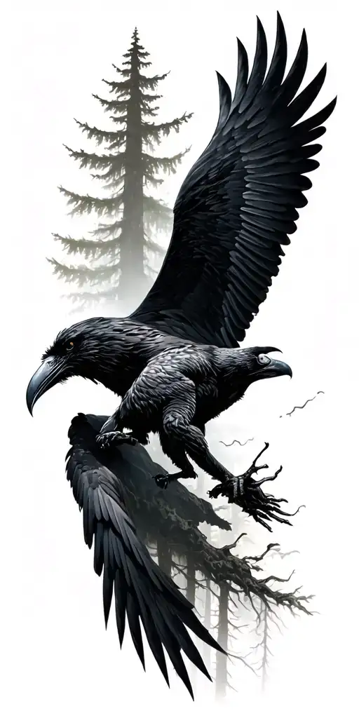 Dense Forrest With Giant Raven Flying