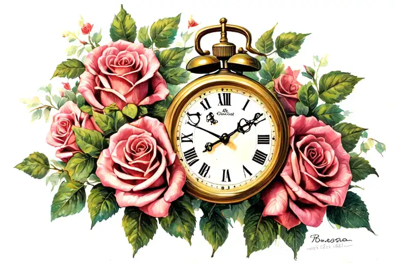 Clock And Roses Blooming