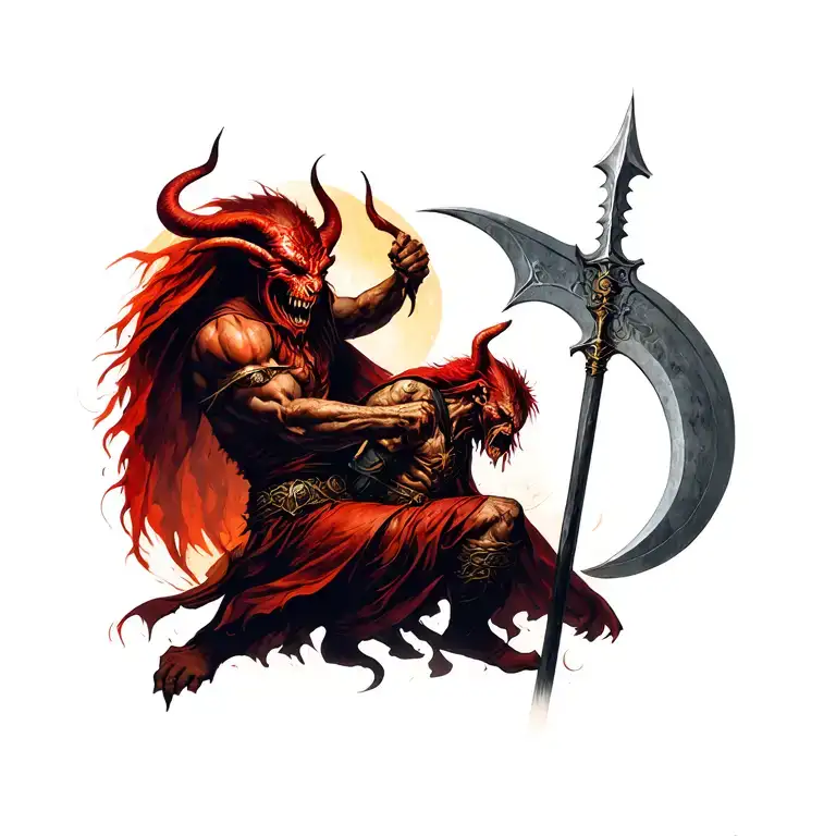 Azrail With A Sickle Against The Devil With A Spear
