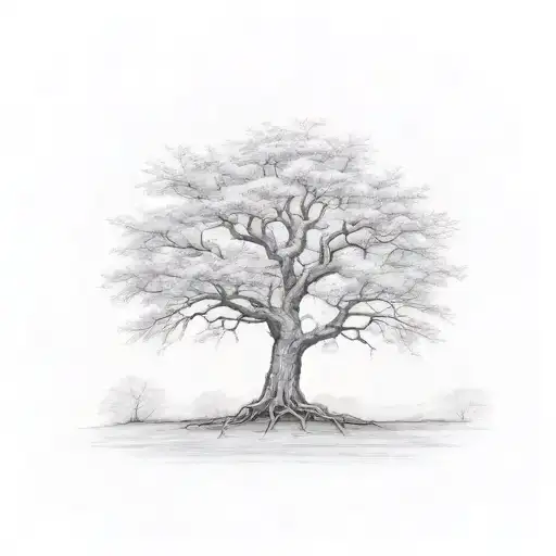 A Fine-line Tattoo Of A Ceiba Tree With One Side Representing The Spring And The Other The Winter
