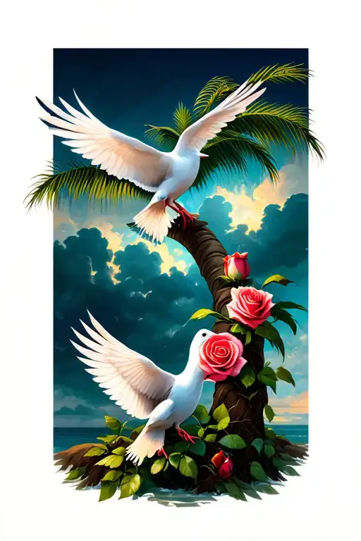 Palm Tree And Dove Carrying Rose