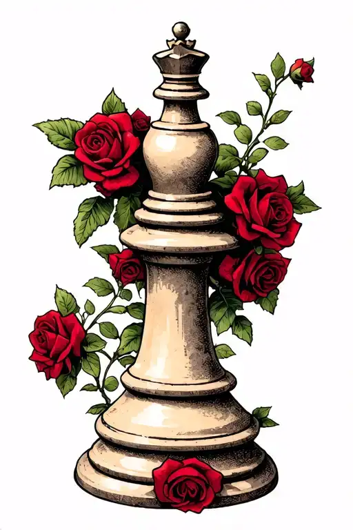 Vine Of Red Roses Draping Around A King Chess Piece Standing Stoicly On A Cliffside