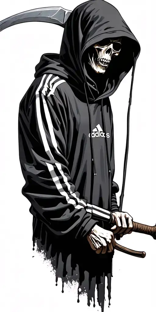 Grim Reaper Wearing An Adidas Hoody And Holding A Scythe