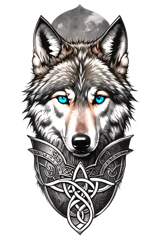 Wolf With Blue Eyes On Armor Tattoo Design Featuring Celtic Trinity Knot