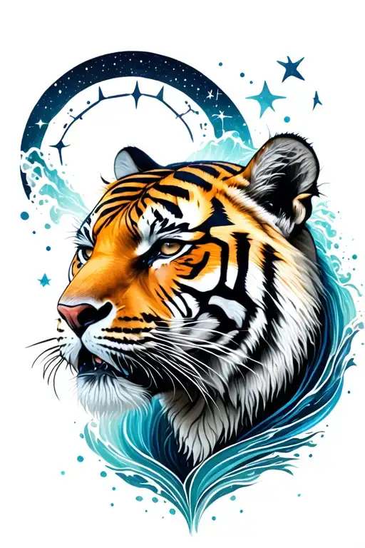 Tiger Head With Constellations And Ocean Wave Around Her