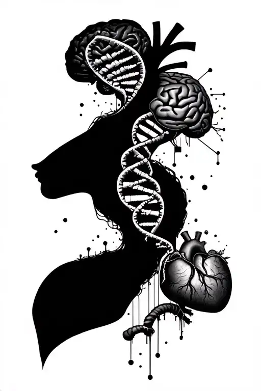 Brain Connected By Dna Structure Vertically To Heart And Technology