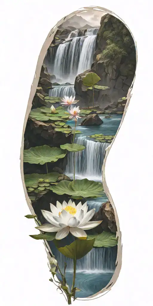 A Serene And Peaceful Lotus Flower Blooming At The Base Of A Beautiful Waterfall