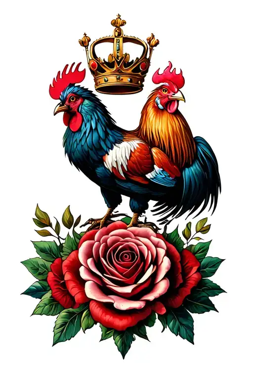 Cockerel On Top Of Rose Flower Crest Heraldry Crown