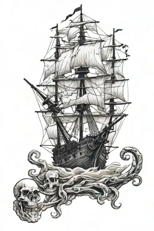 Pirate Ship With Skull And Kraken Emerging