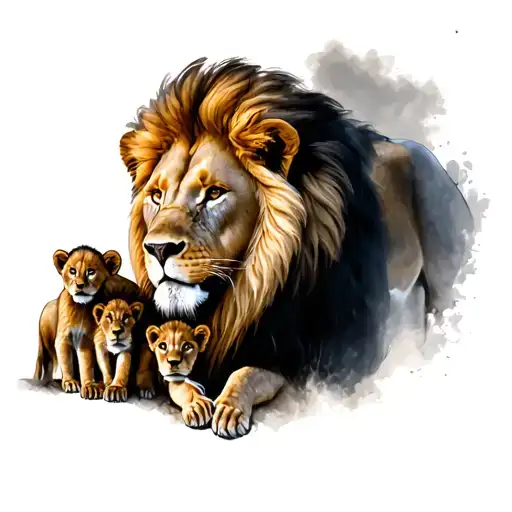 Lion And 3 Cubs Surrounded